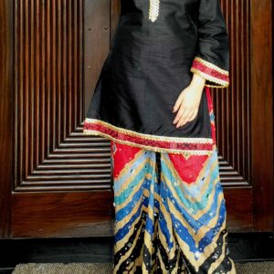 Sehray 2 piece outfit with black Kathan silk shirt, sheesha detailing, and multi-color plazo – Small only –