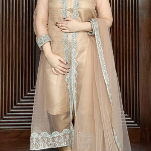 Beige embroidered net gown