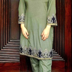 2 piece grip fabric outfit with golden tari lines, short shirt and embroidered trouser – available in small size only at Amqara