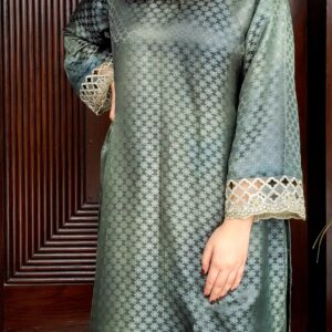 Green silk jamawaar 2 piece outfit with patchwork on sleeves and shirt paired with matching trouser – Small size only, exclusive Amqara design