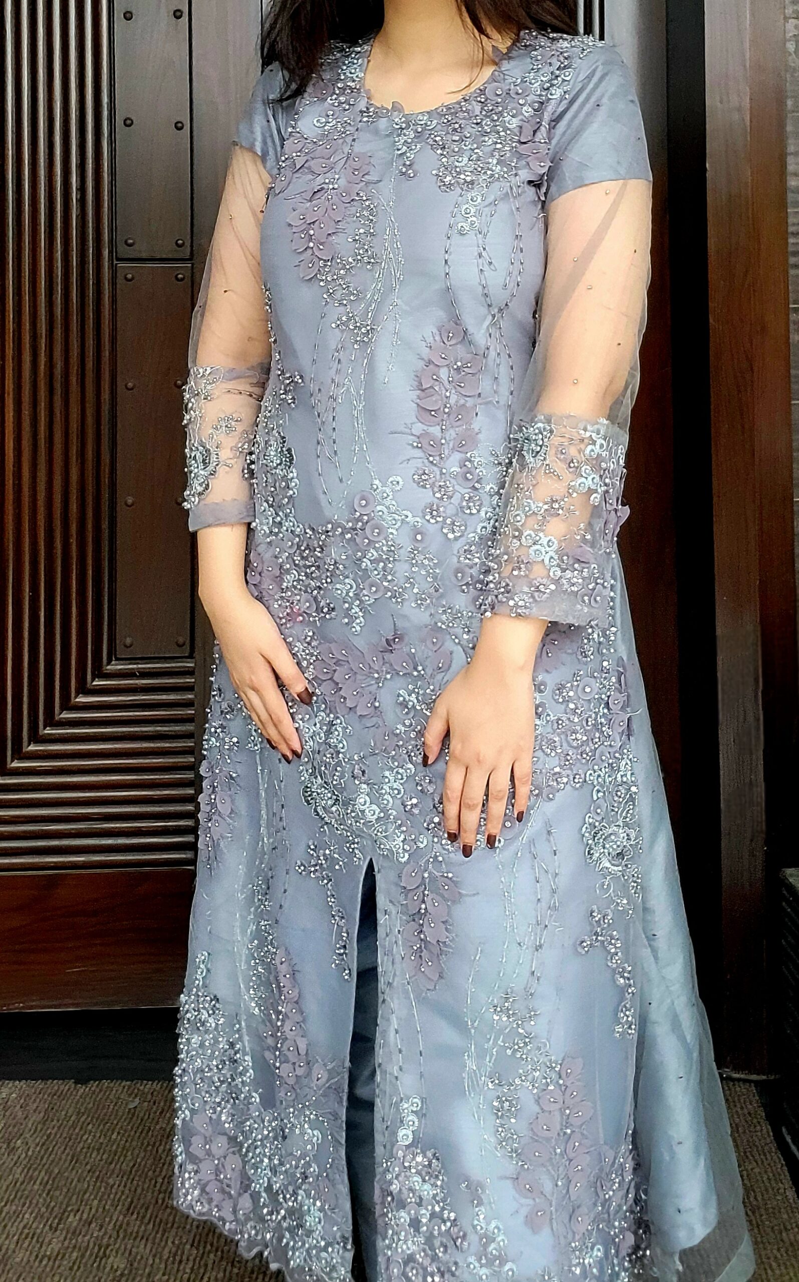 Nurez semi-formal outfit with full 3D embroidered long shirt, Korean raw silk lining, and trouser – Small only – Amqara exclusive collection