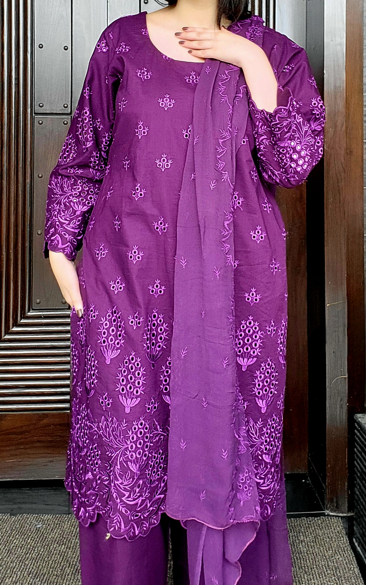 Gulraiz – 3 Piece Purple Chikan Kari Outfit - Image 2