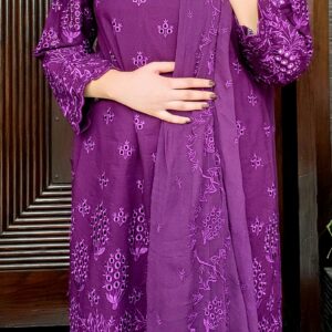 Purple chikan kari 3 piece outfit with embroidered dupatta and plain trouser – Amqara Semi-Formals