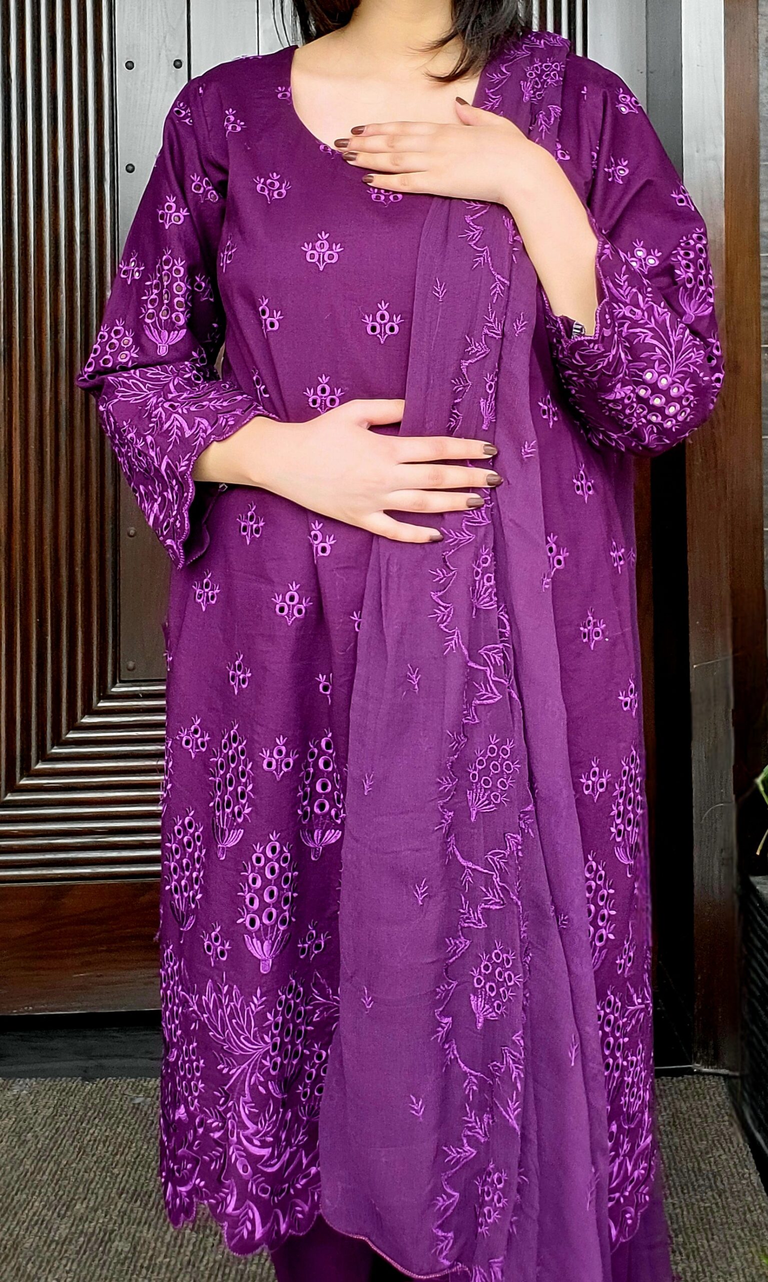 Purple chikan kari 3 piece outfit with embroidered dupatta and plain trouser – Amqara Semi-Formals