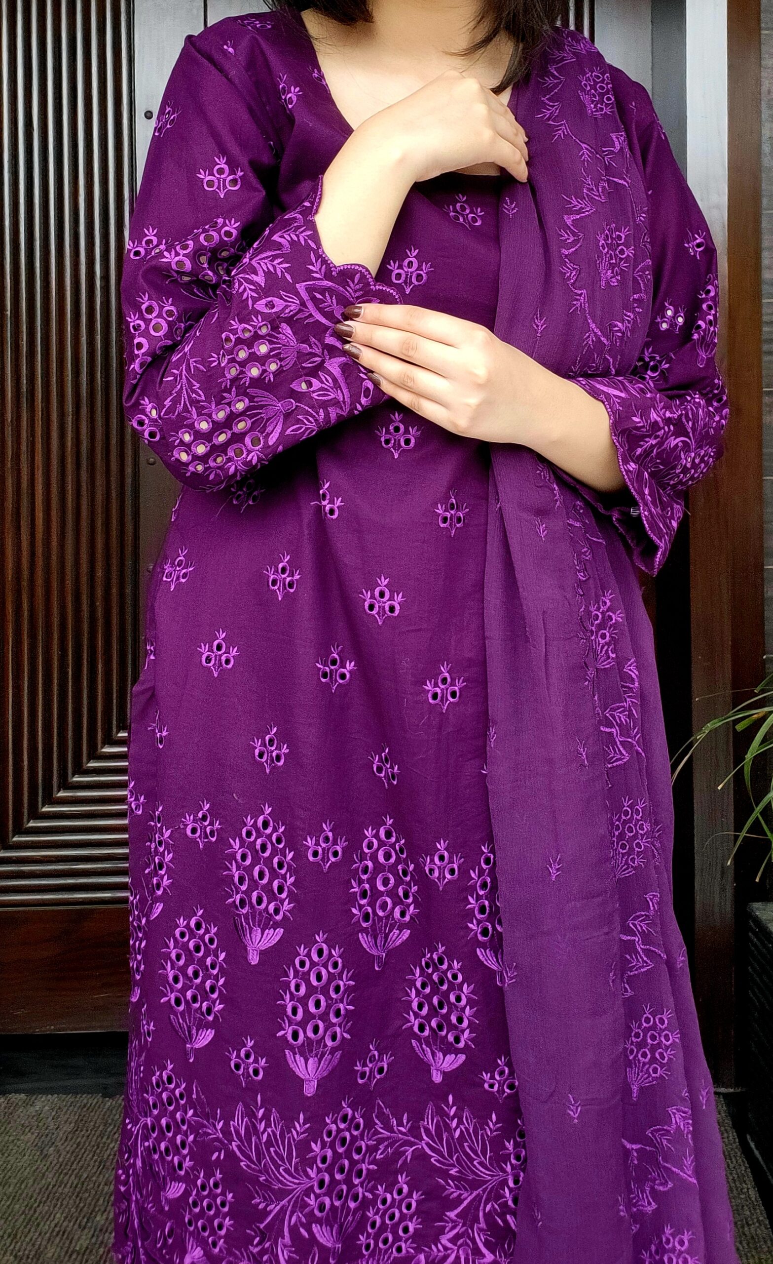Gulraiz – 3 Piece Purple Chikan Kari Outfit - Image 3