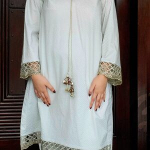2-piece premium lawn outfit with silver tāri embroidery on shirt and plain trouser, Large size only, Amqara exclusive design.