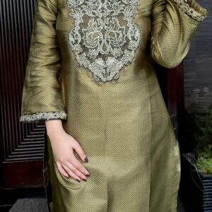 2-piece silk jamawaar suit in earthy green with embroidered neckline and sleeves, small size only, Amqara exclusive outfit.