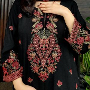 3 piece black embroidered karandi outfit with embroidered dupatta and plain trouser – large size only, Amqara exclusive