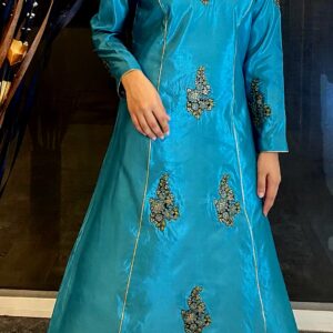 Rimaya kataan silk A-line shirt with velvet patchwork all over, premium imported semi-formal by Amqara