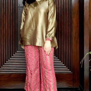 Golden kataan silk shirt with pink embroidered jamawar trousers – Amqara 2 piece semi-formal outfit